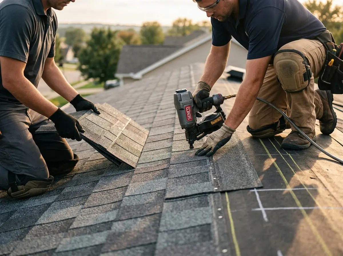 Professional roofer working on a residential roof in Galesburg